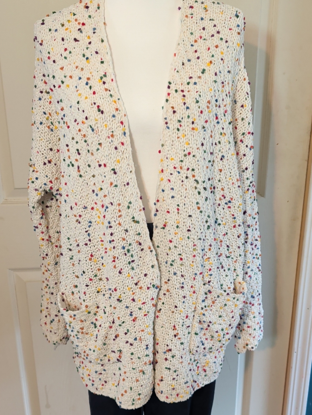 Cream Multicolor Speckled Open-Front Cardigan with Pockets